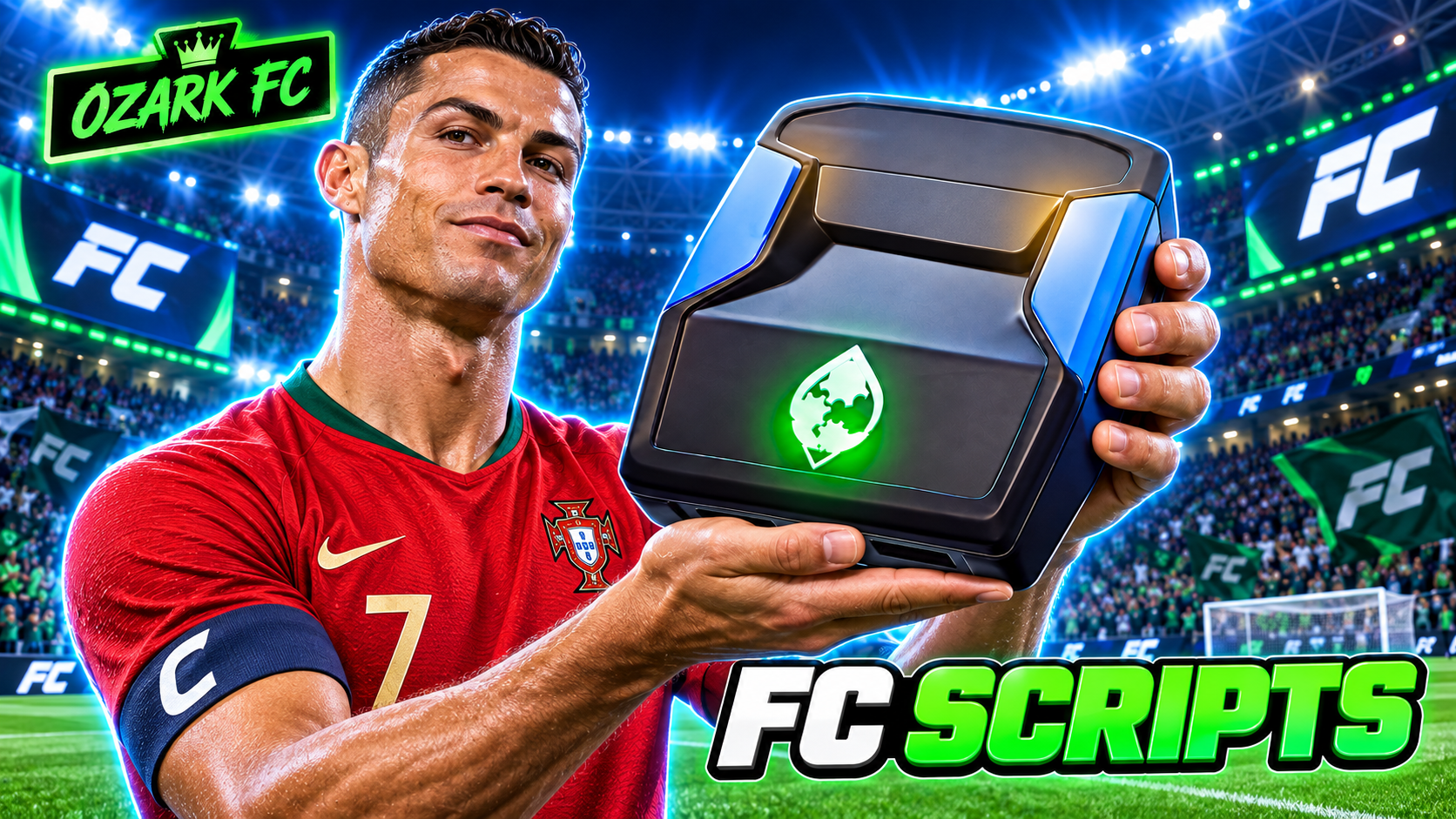 Cristiano Ronaldo holding a Cronus Zen in a green football stadium